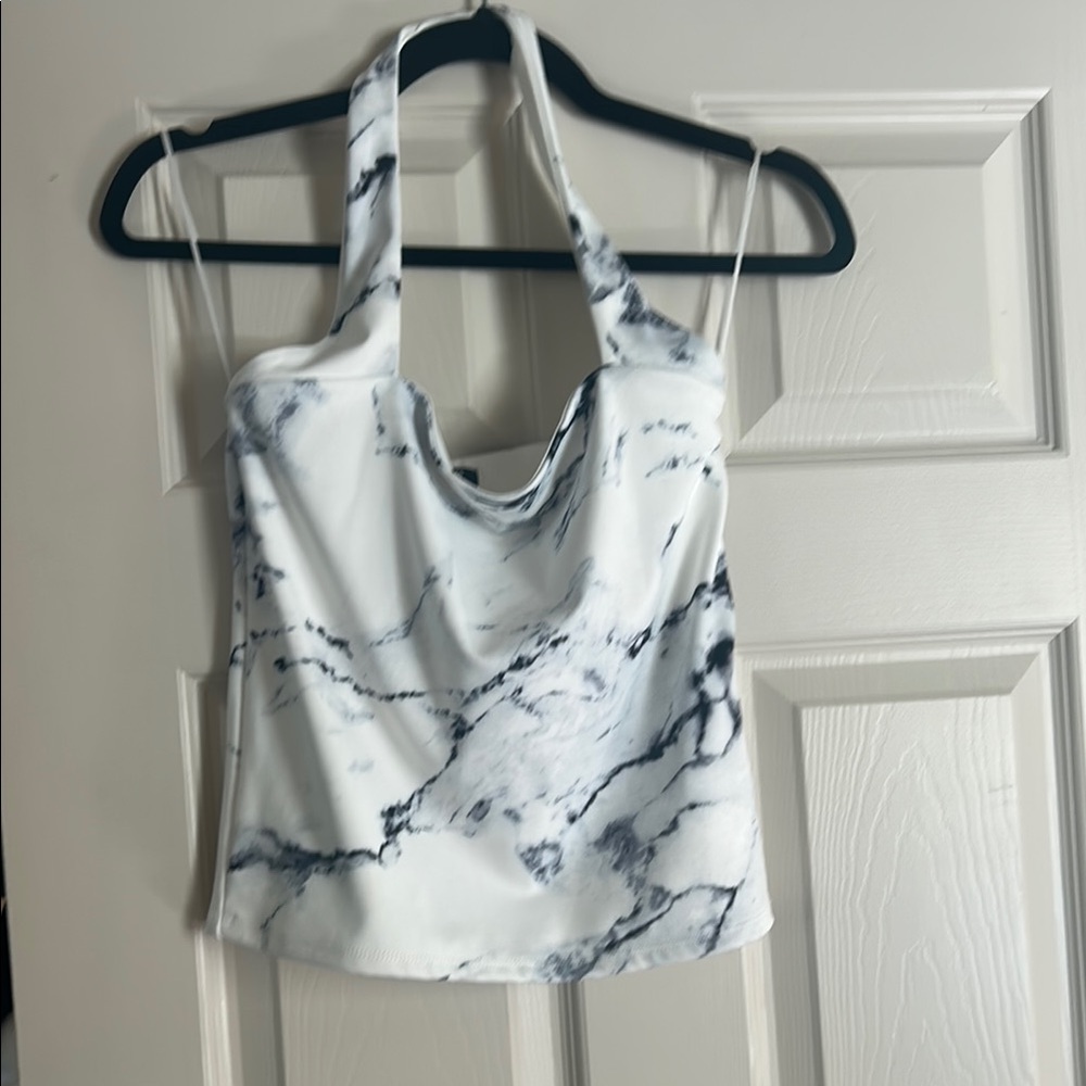 Express White and Gray Fitted Halter Tank Top